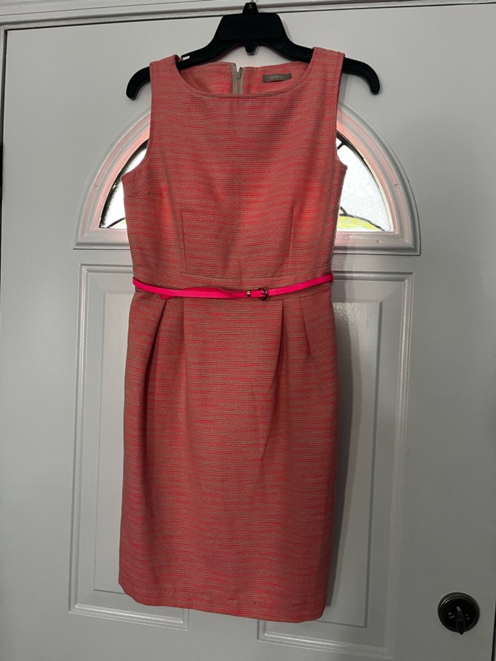 Sleeveless Coral Sheath Dress with Pink Belt